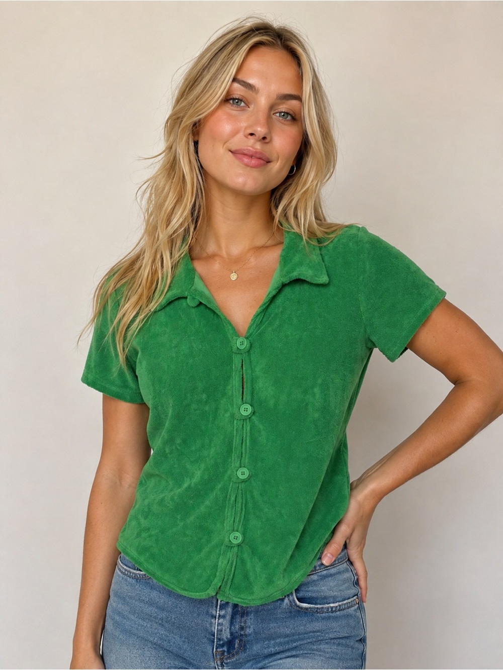 Maisie Wilen Green Terry Knit Button-Front Polo Top